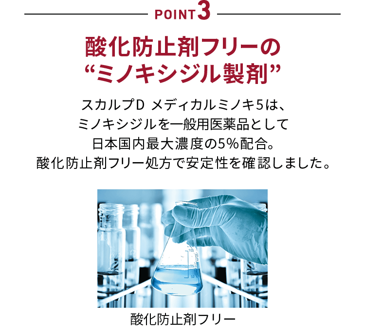 POINT3 酸化防止剤フリーの “ミノキシジル製剤” スカルプD  メディカルミノキ5は、 ミノキシジルを一般用医薬品として 日本国内最大濃度の5％配合。 酸化防止剤フリー処方で安定性を確認しました。
