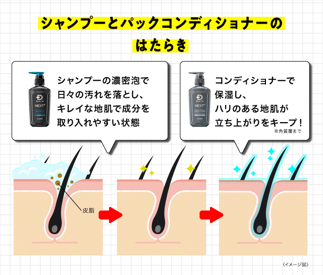 【シャンプーとパックコンディショナーのはたらき】「シャンプーの濃密泡で日々の汚れを落とし、キレイな地肌で成分を取り入れやすい状態」「コンディショナーで保湿し、ハリのある地肌が立ち上がりをキープ！※角質層まで」