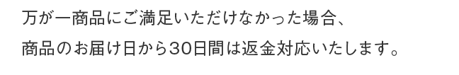 万が一商品にご満足いただけなかった場合、商品のお届け日から30日間は返金対応いたします。