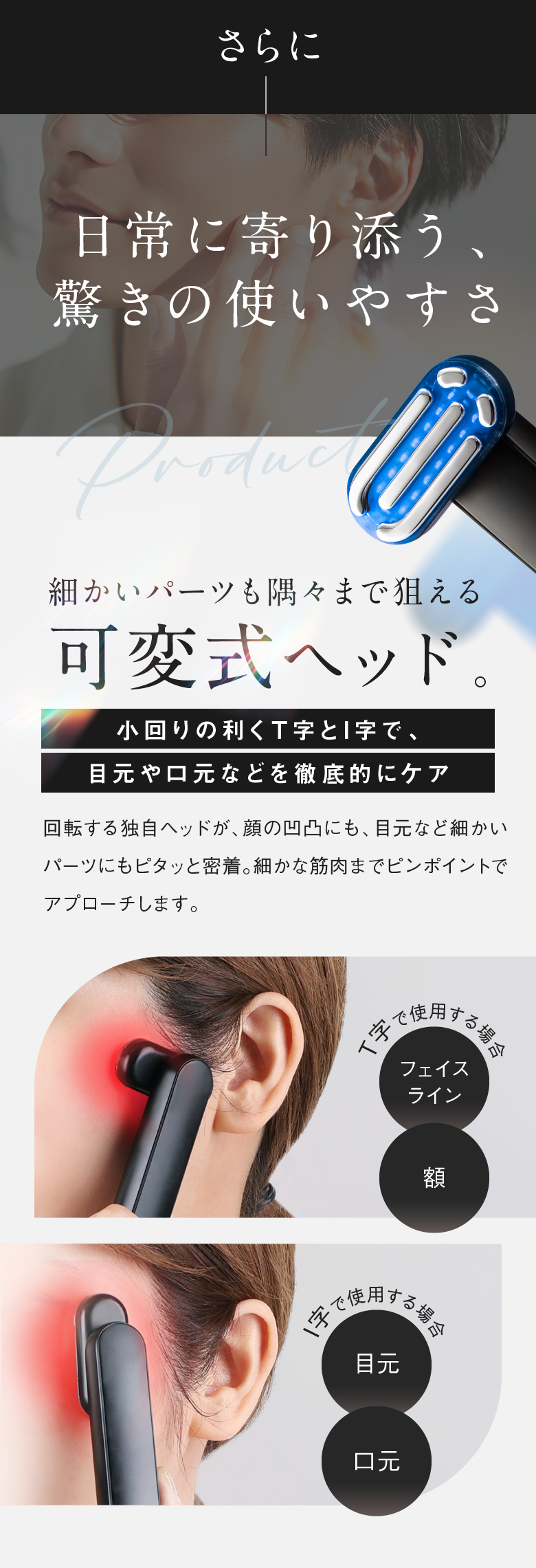 さらに日常に寄り添う、驚きの使いやすさ 細かいパーツも隅々まで狙える可変式ヘッド。 小回りの利くT字とI字で、目元や口元などを徹底的にケア
