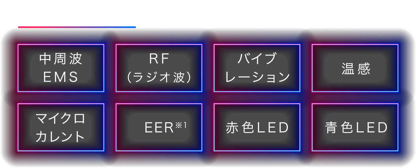 8つの機能 中周波EMS RF（ラジオ波） バイブレーション 温感 マイクロカレント EER※1 赤色LED 青色LED