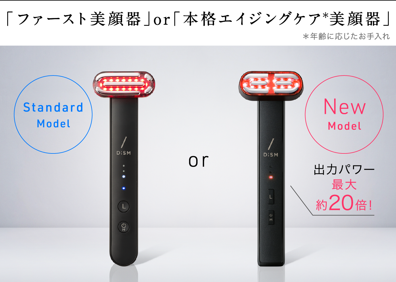 「ファースト美顔器」or「本格エイジングケア*美顔器」 ＊年齢に応じたお手入れ Standard Model or New Model 出力パワー最大約20倍！