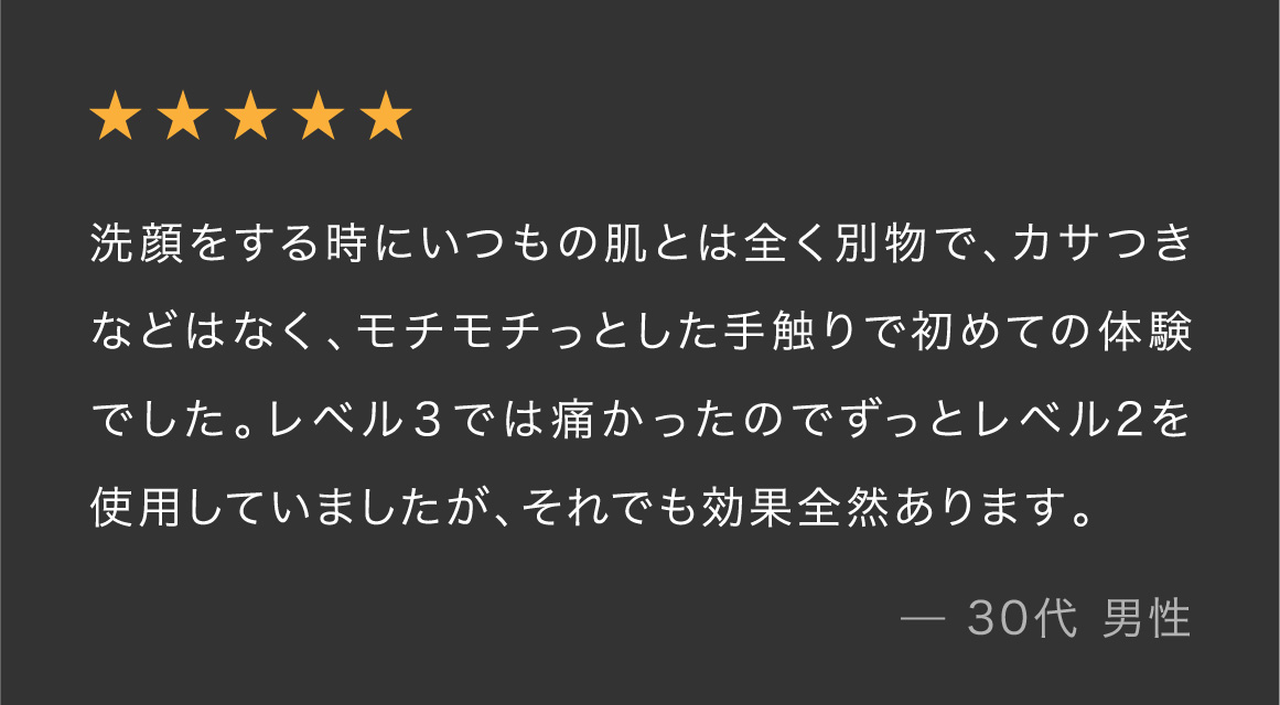 ★★★★★ 洗顔をする時にいつもの肌とは全く別物で、カサつきなどはなく、モチモチっとした手触りで初めての体験でした。レベル3では痛かったのでずっとレベル2を使用していましたが、それでも効果全然あります。 — 30代 男性