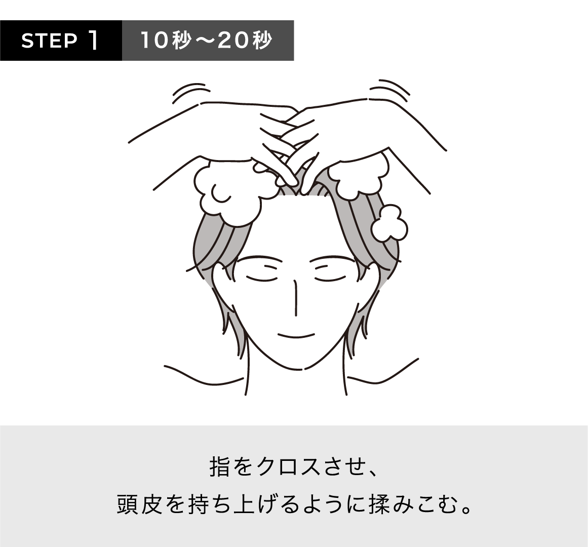 STEP1 10秒〜20秒 指をクロスさせ、頭皮を持ち上げるように揉みこむ。