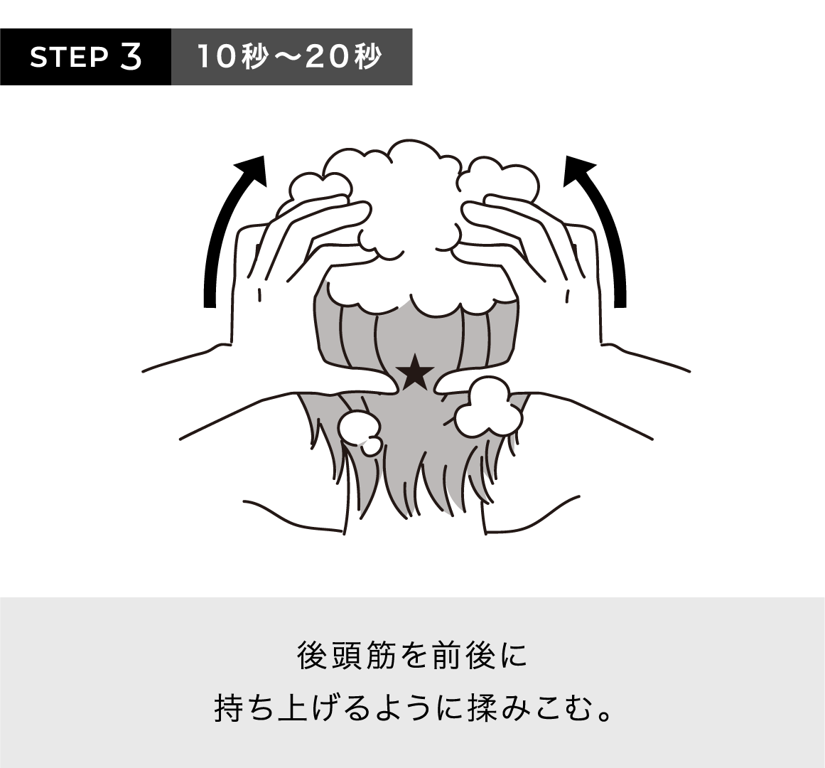STEP3 10秒〜20秒 後頭筋を前後に持ち上げるように揉みこむ。