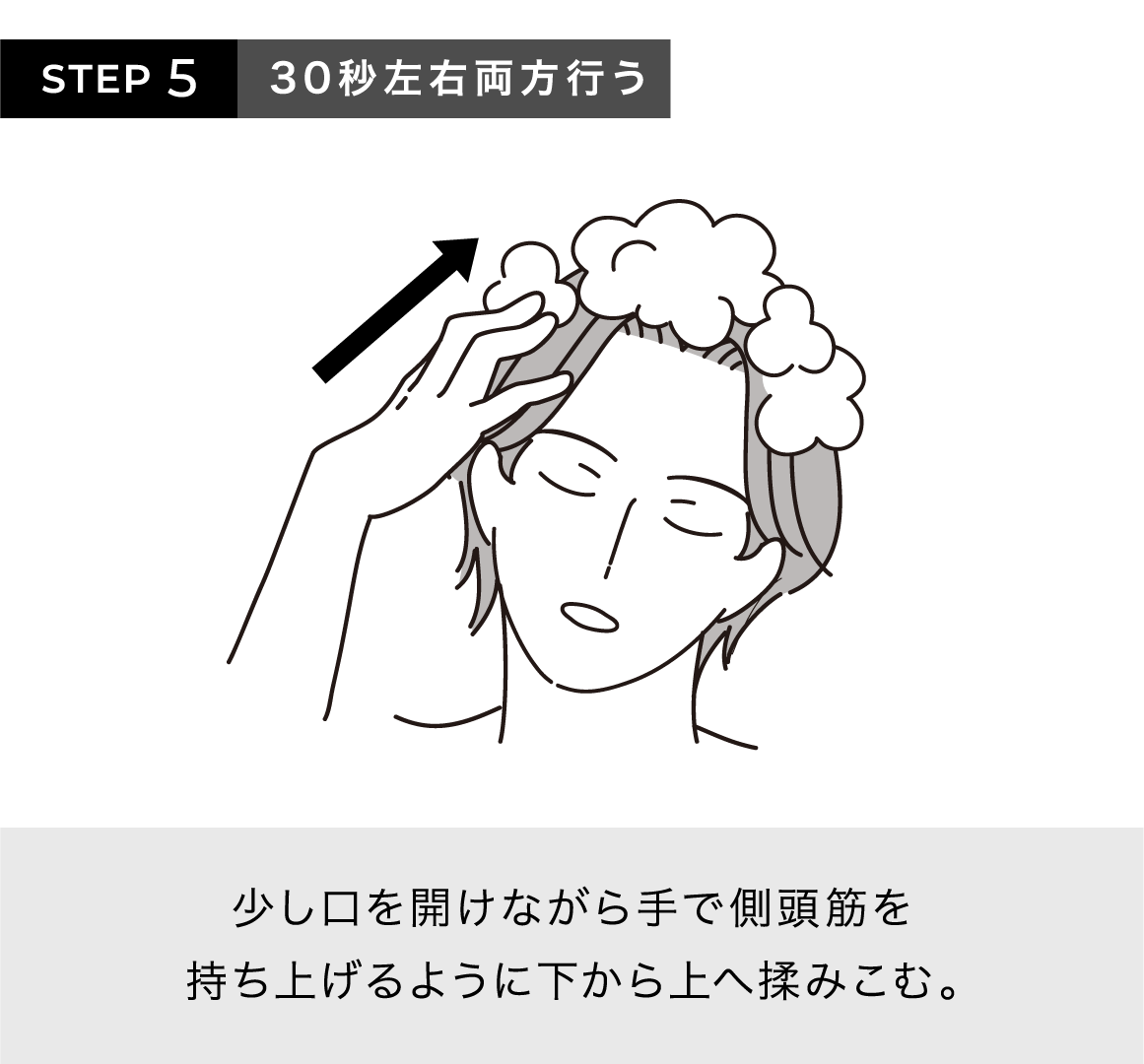 STEP5 30秒左右両方行う 少し口を開けながら手で側頭筋を持ち上げるように下から上へ揉みこむ。