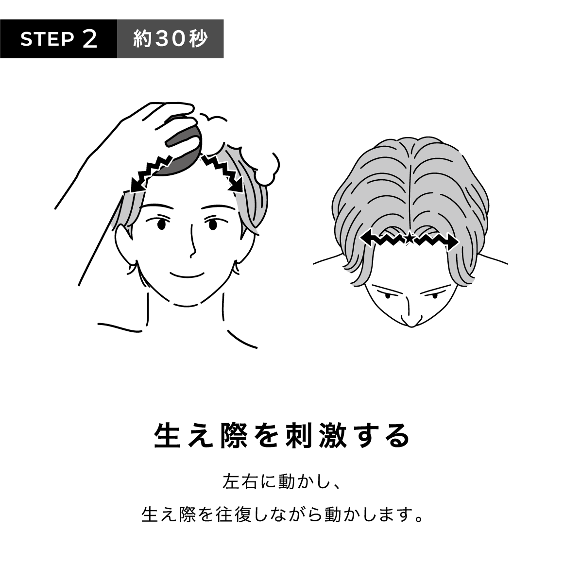 STEP2 約30秒 生え際を刺激する 左右に動かし、生え際を往復しながら動かします。
