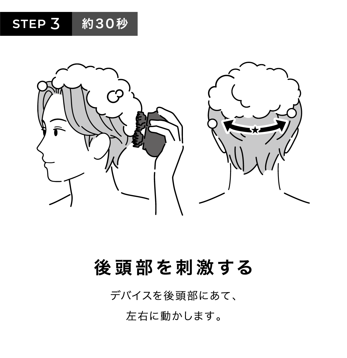STEP3 約30秒 後頭部を刺激する デバイスを後頭部にあて、左右に動かします。