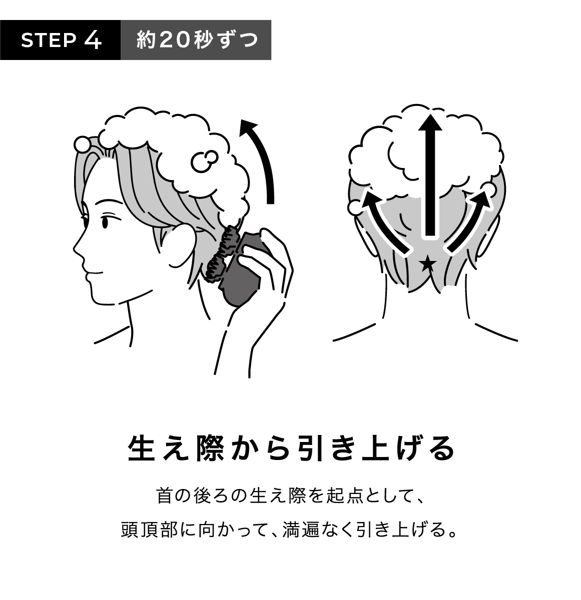 STEP4 約20秒ずつ 生え際から引き上げる 首の後ろの生え際を起点として、頭頂部に向かって、満遍なく引き上げる。