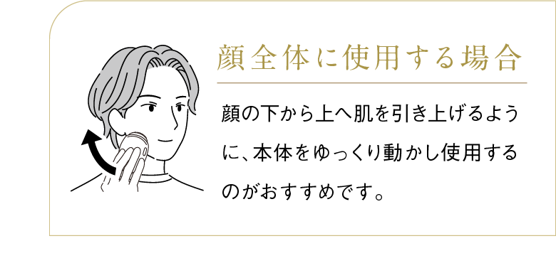 顔全体に使用する場合 顔の下から上へ肌を引き上げるように、本体をゆっくり動かし使用するのがおすすめです。