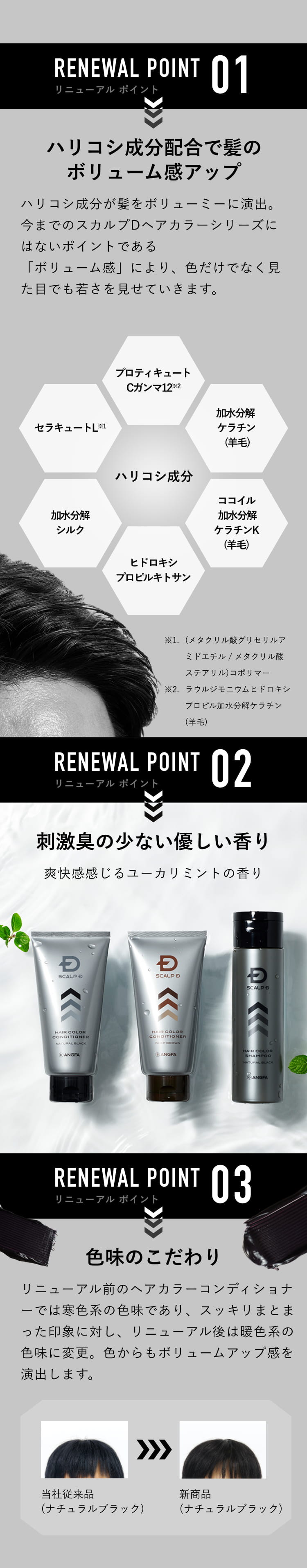 RENEWAL POINT 01：ハリコシ成分配合で髪のボリューム感アップ / RENEWAL POINT 02：刺激臭の少ない優しい香り / RENEWAL POINT 03：色味のこだわり