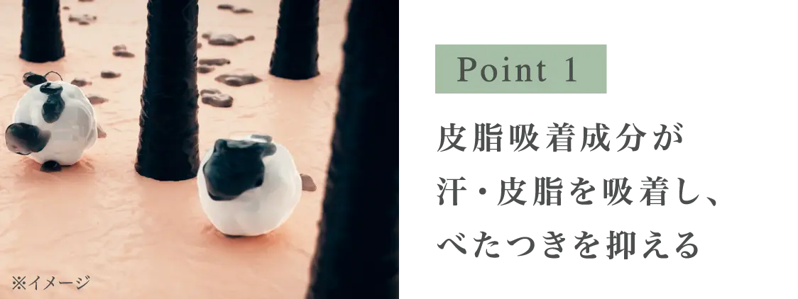 Point 1 皮脂吸着成分が汗・皮脂を吸着し、べたつきを抑える