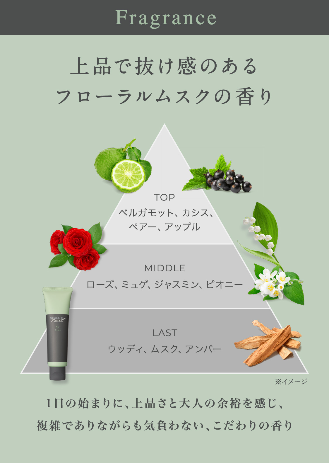 Fragrance 上品で抜け感のあるフローラルムスクの香り 1日の始まりに、上品さと大人の余裕を感じ、複雑でありながらも気負わない、こだわりの香り