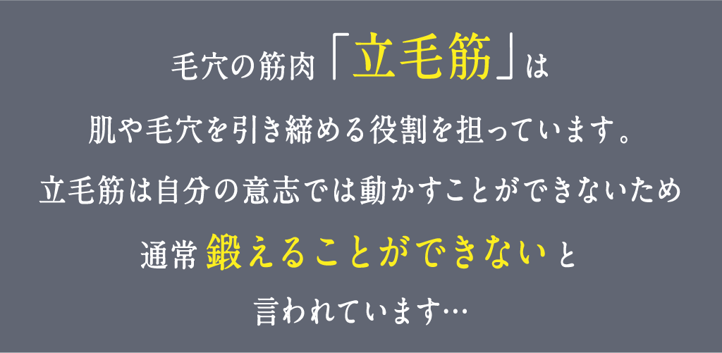毛穴の筋肉「立毛筋」は肌や毛穴を引き締める役割を担っています。立毛筋は自分の意志では動かすことができないため通常鍛えることができないと言われています…