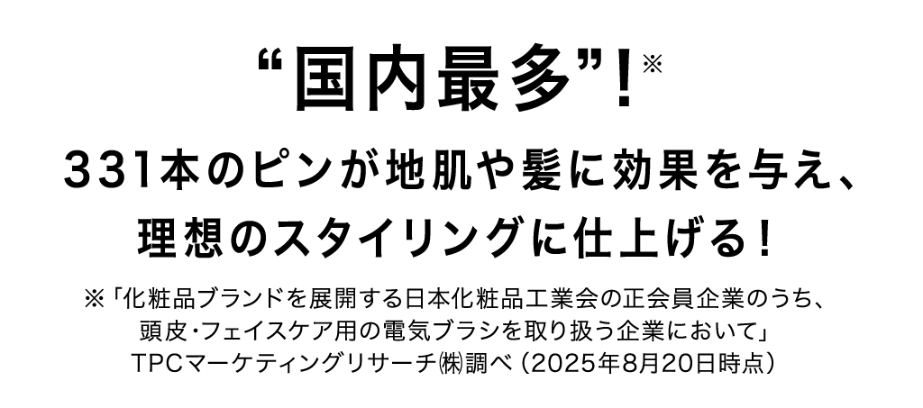 “国内最多”！※331本のピンが地肌や髪に効果を与え、理想のスタイリングに仕上げる！※「化粧品ブランドを展開する日本化粧品工業会の正会員企業のうち、頭皮・フェイスケア用の電気ブラシを取り扱う企業において」TPCマーケティングリサーチ㈱調べ（2025年8月20日時点）