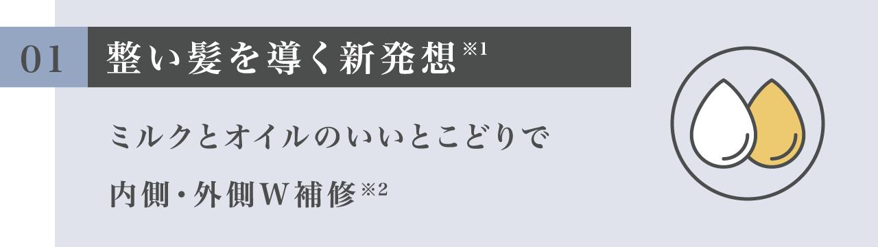 01 整い髪を導く新発想※1 ミルクとオイルのいいとこどりで内側・外側W補修※2