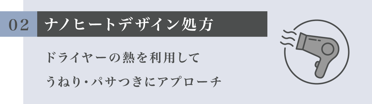 02 ナノヒートデザイン処方 ドライヤーの熱を利用してうねり・パサつきにアプローチ
