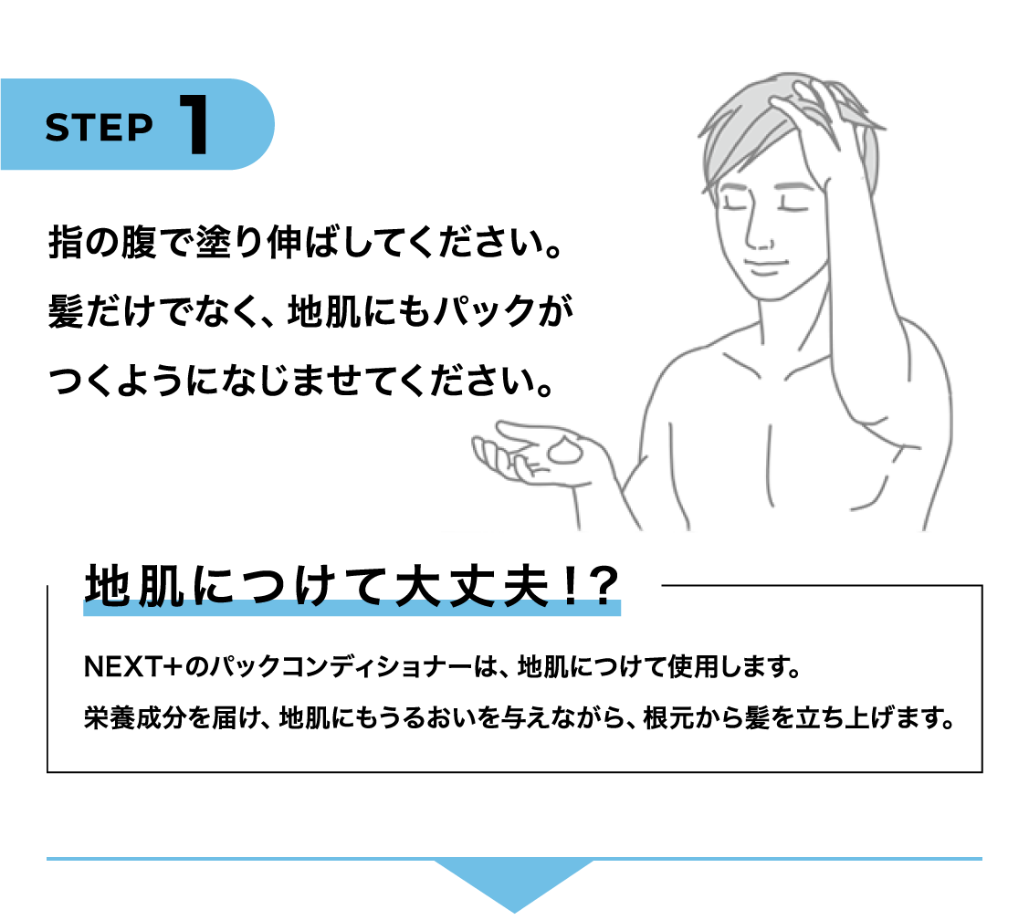 STEP1 指の腹で塗り伸ばしてください。髪だけでなく、地肌にもパックがつくようになじませてください。地肌につけて大丈夫！？NEXT＋のパックコンディショナーは、地肌につけて使用します。栄養成分を届け、地肌にもうるおいを与えながら、根元から髪を立ち上げます。