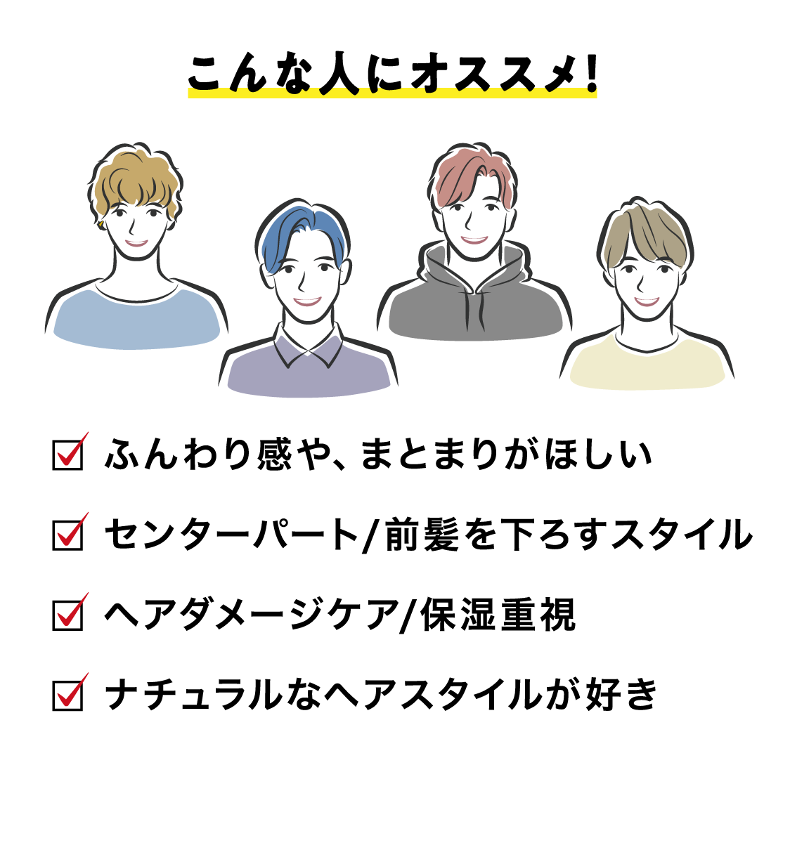 こんな人にオススメ！ふんわり感や、まとまりがほしい センターパート/前髪を下ろすスタイル ダメージケア/保湿重視 ナチュラルなヘアスタイルが好き