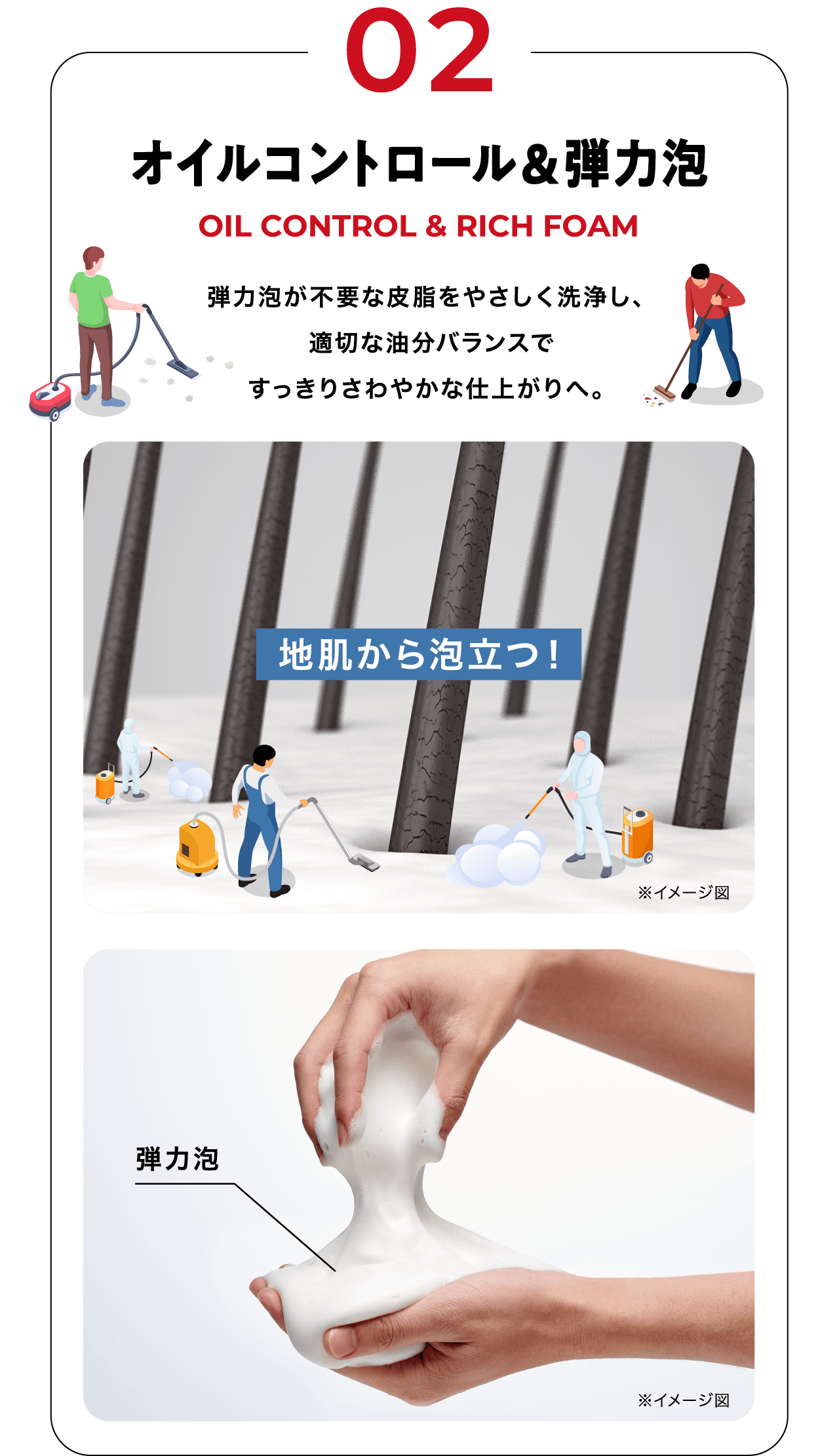 オイルコントロール＆弾力泡 弾力泡が不要な皮脂をやさしく洗浄し、適切な油分バランスですっきりさわやかな仕上がりへ。