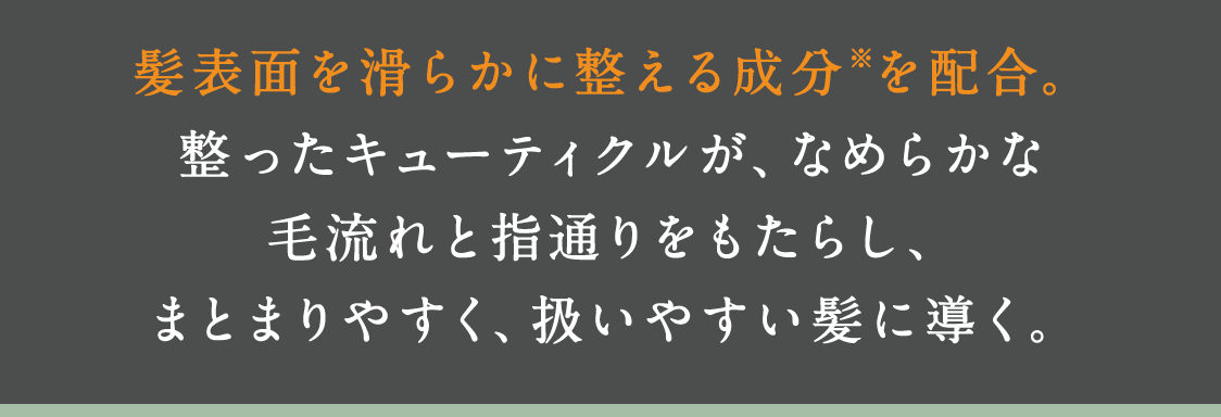 髪表面を滑らかに整える成分※を配合。整ったキューティクルが、なめらかな毛流れと指通りをもたらし、まとまりやすく、扱いやすい髪に導く。