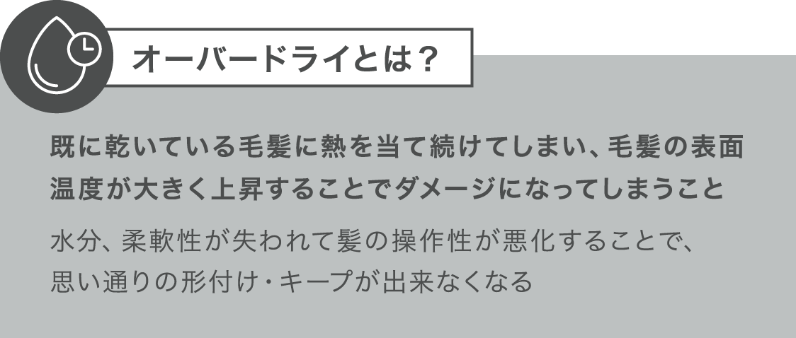 オーバードライとは？ 既に乾いている毛髪に熱を当て続けてしまい、毛髪の表面温度が大きく上昇することでダメージになってしまうこと 水分、柔軟性が失われて髪の操作性が悪化することで、思い通りの形付け・キープが出来なくなる