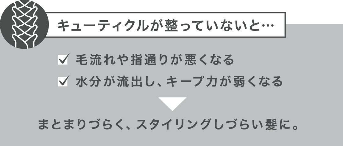 キューティクルが整っていないと…毛流れや指通りが悪くなる 水分が流出し、キープ力が弱くなる まとまりづらく、スタイリングしづらい髪に。