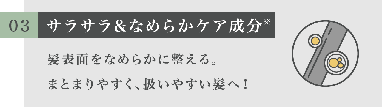 03 サラサラ＆なめらかケア成分※ 髪表面をなめらかに整える。まとまりやすく、扱いやすい髪へ！