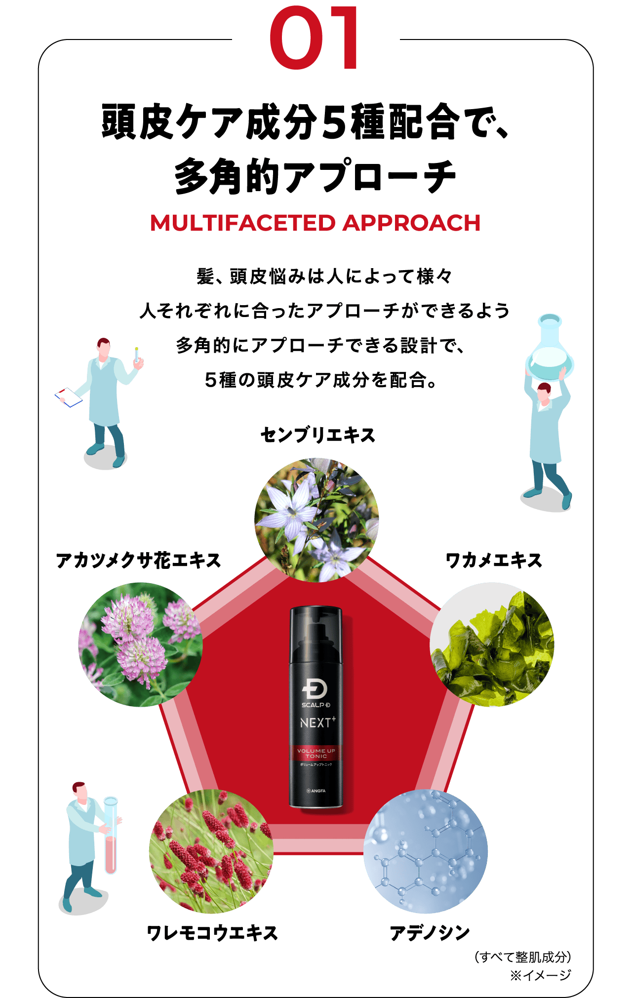 頭皮ケア成分5種配合で、多角的アプローチ髪、頭皮悩みは人によって様々人それぞれに合ったアプローチができるよう多角的にアプローチできる設計で、5種の頭皮ケア成分を配合。