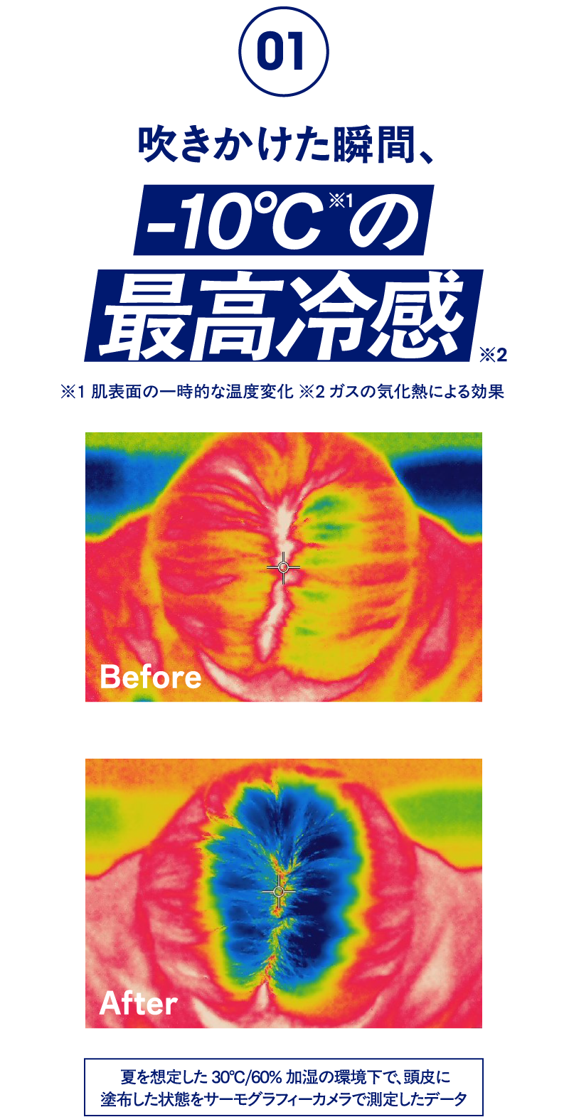 吹きかけた瞬間、01※1 肌表面の一時的な温度変化 ※2 ガスの気化熱による効果最高冷感※2-10℃の※1BeforeAfter 夏を想定した30℃/60%加湿の環境下で、頭皮に塗布した状態をサーモグラフィーカメラで測定したデータ
