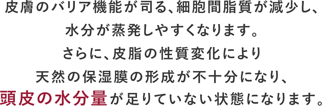 皮膚のバリア機能が司る、細胞間脂質が減少し、水分が蒸発しやすくなります。さらに、皮脂の性質変化により天然の保湿膜の形成が不十分になり、頭皮の水分量が足りていない状態になります。