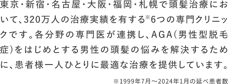 東京・新宿・名古屋・大阪・福岡・札幌で頭髪治療において、320万人の治療実績を有する※6つの専門クリニックです。各分野の専門医が連携し、AGA（男性型脱毛症）をはじめとする男性の頭髪の悩みを解決するために、患者様一人ひとりに最適な治療を提供しています。※1999年7月～2024年1月の延べ患者数