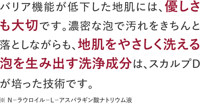 バリア機能が低下した地肌には、優しさも大切です。濃密な泡で汚れをきちんと落としながらも、地肌をやさしく洗える泡を生み出す洗浄成分は、スカルプDが培った技術です。※ Nーラウロイルーレーアスパラギン酸ナトリウム液