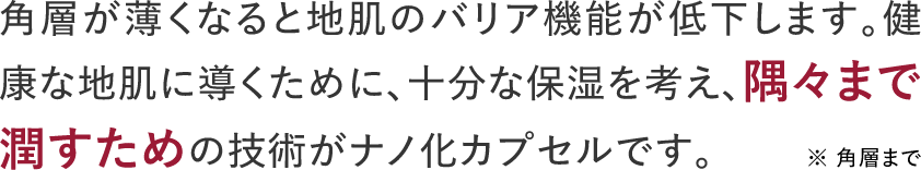 角層が薄くなると地肌のバリア機能が低下します。健康な地肌に導くために、十分な保湿を考え、隅々まで潤すための技術がナノ化カプセルです。※角層まで