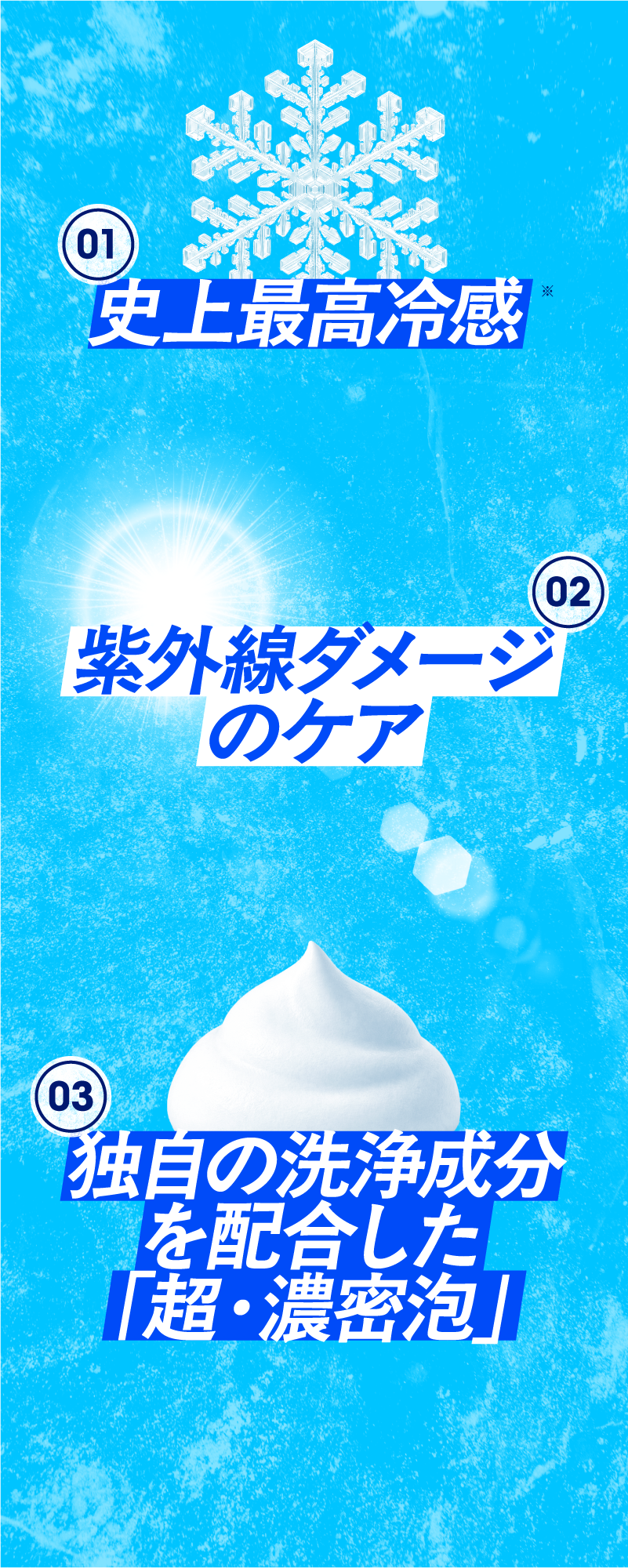 史上最高冷感　紫外線ダメージのケア　独自の洗浄成分を配合した「超・濃密泡」