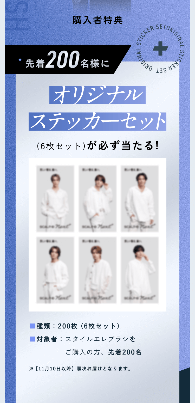 購入者特典：先着200名様にオリジナルステッカーセット(6枚セット)が必ず当たる!■種類：200枚 (6枚セット) ■対象者：スタイルエレブラシご購入の上、応募いただいた方の中から先着200名様※【11月10日以降】順次お届けとなります。