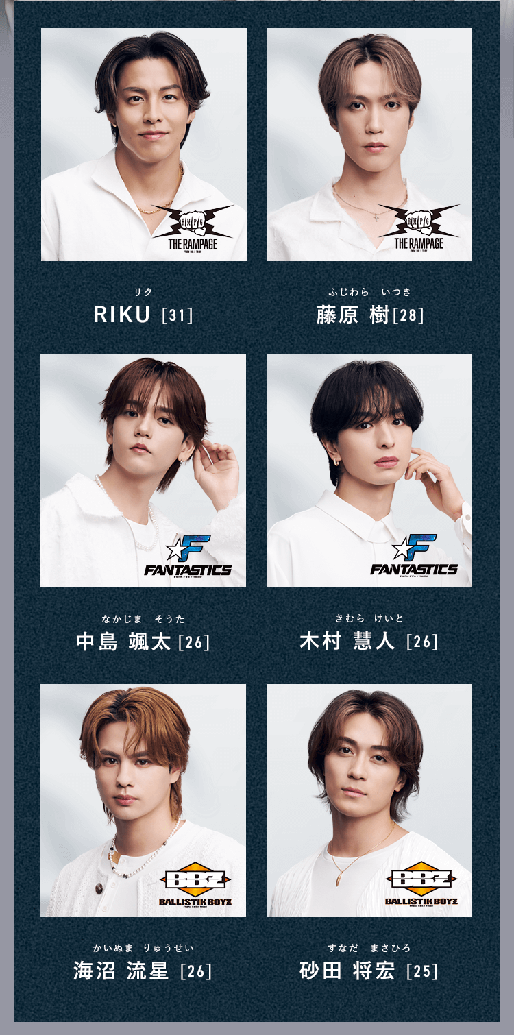 リク：RIKU [30]／ふじわら　いつき：藤原 樹[27]／なかじま　そうた：中島 颯太 [25]／きむら けいと：木村 慧人 [25]／かいぬま りゅうせい：海沼 流星 [26]／すなだ　まさひろ：砂田 将宏 [25]