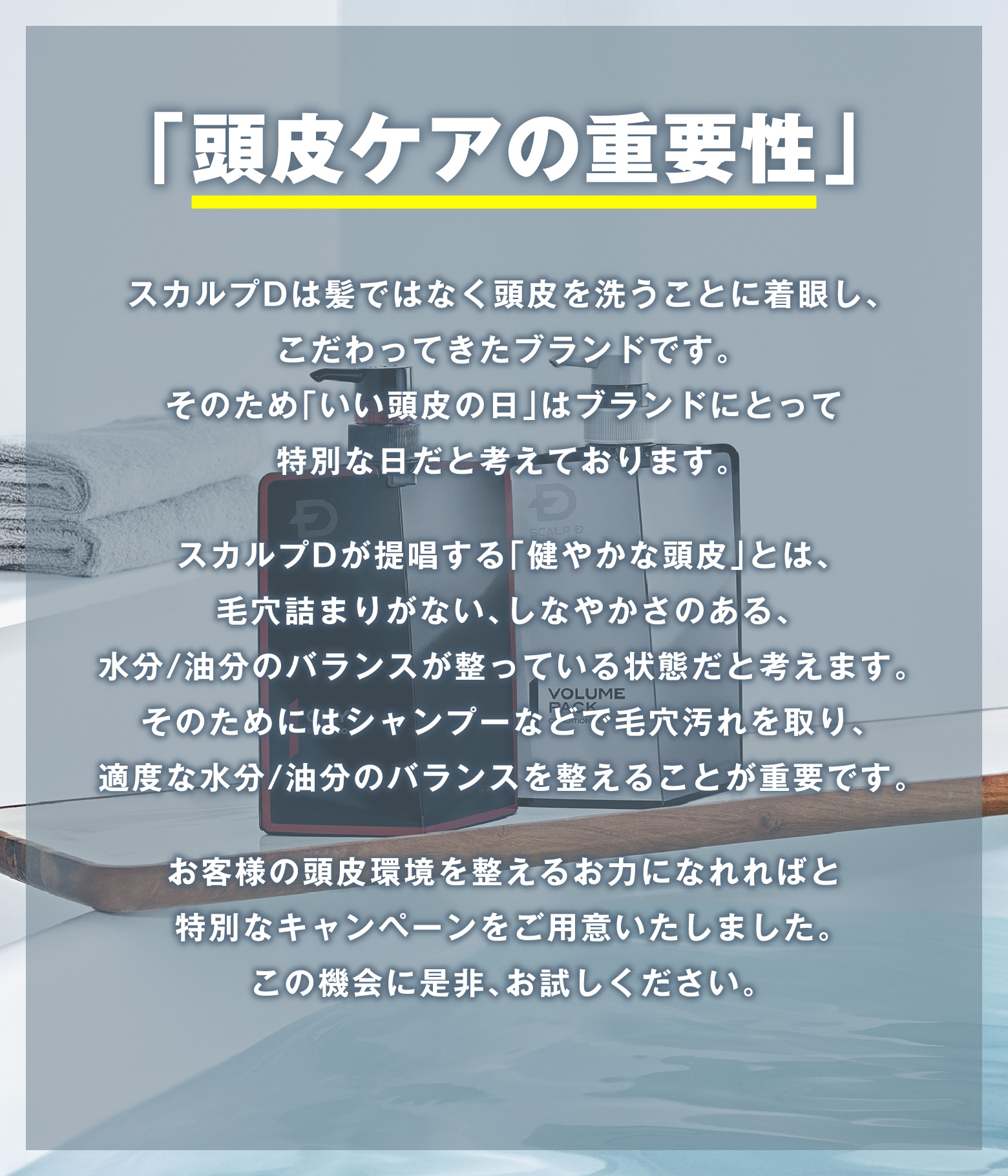 「頭皮ケアの重要性」スカルプDは髪ではなく頭皮を洗うことに着眼し、こだわってきたブランドです。そのため「いい頭皮の日」はブランドにとって特別な日だと考えております。スカルプDが提唱する「健やかな頭皮」とは、毛穴詰まりがない、しなやかさのある、水分/油分のバランスが整っている状態だと考えます。そのためにはシャンプーなどで毛穴汚れを取り、適度な水分/油分のバランスを整えることが重要です。お客様の頭皮環境を整えるお力になれればと特別なキャンペーンをご用意いたしました。この機会に是非、お試しください。