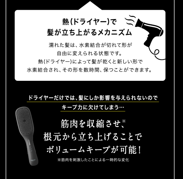 熱(ドライヤー)で髪が立ち上がるメカニズム 濡れた髪は、水素結合が切れて形が自由に変えられる状態です。熱(ドライヤー)によって髪が乾くと新しい形で水素結合され、その形を数時間、保つことができます。ドライヤーだけでは、髪にしか影響を与えられないのでキープ力に欠けてしまう… 筋肉を収縮させ、根元から立ち上げることでフワッとした綺麗なシルエットに ※筋肉を刺激したことによる一時的な変化