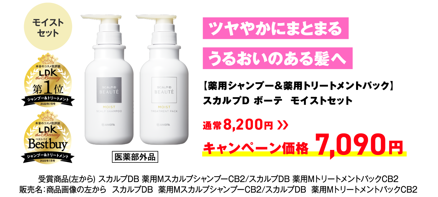 ツヤやかにまとまるうるおいのある髪へ【薬用シャンプー&薬用トリートメントパック】スカルプD ボーテ  モイストセット 通常8,200円 → キャンペーン価格 7,090円