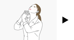 （2）息を吸いながら、首の前側を伸ばすように両手で軽くアゴを押し上げます。この状態で3回深呼吸。息を吐きながら、顔を正面へ戻す。